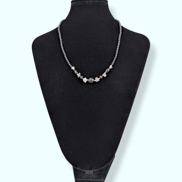 Hematite & Pink Quartz Beaded Necklace - Picture 2 of 5